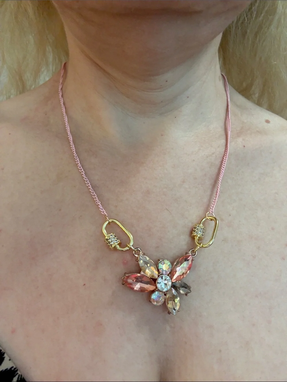 Hand-Crafted Delicate Pink Crystal Flower Necklace With Carabiner Clasps